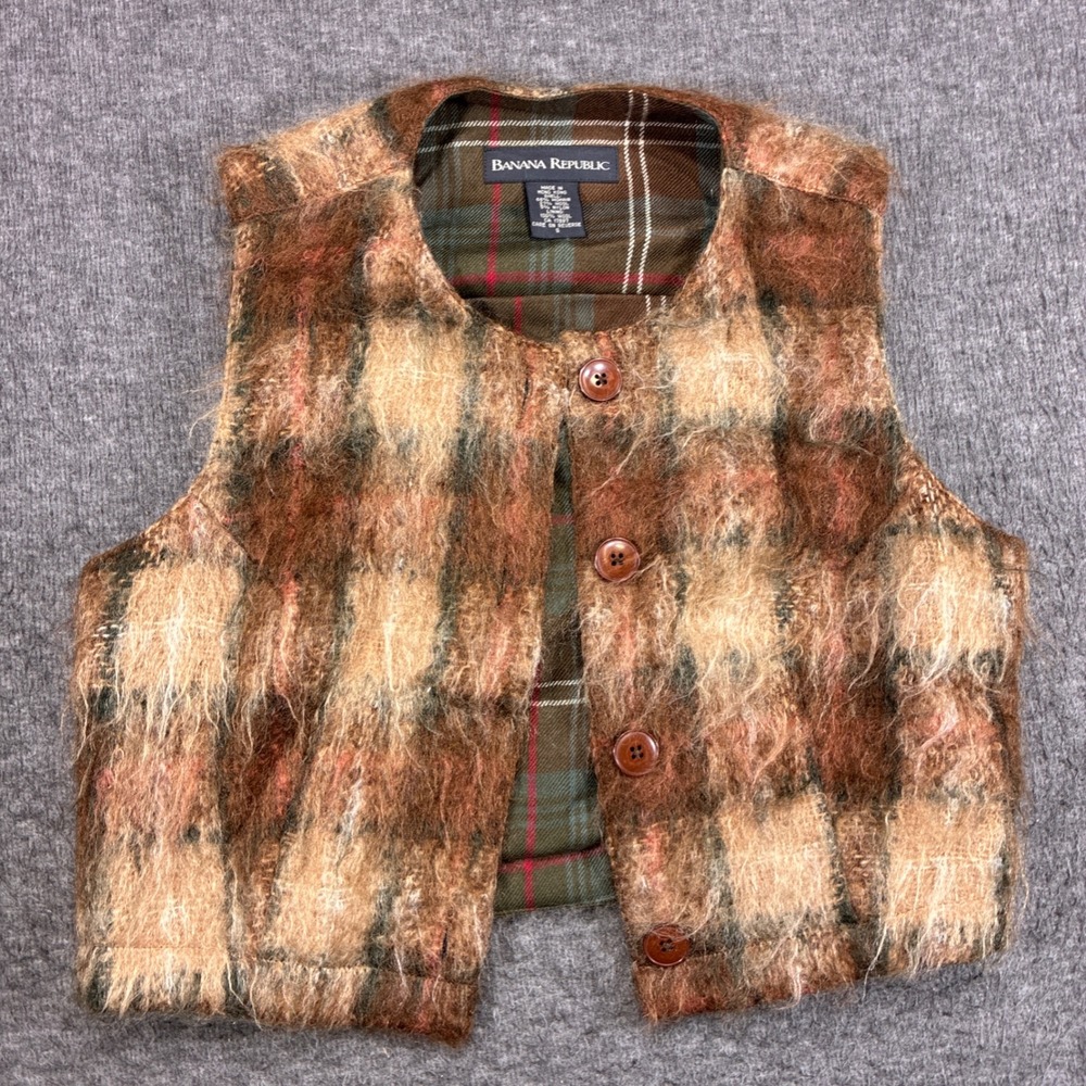 Banana Republic Mohair Wool Vest Womens Small Brown Plaid Button Up Shaggy Crop